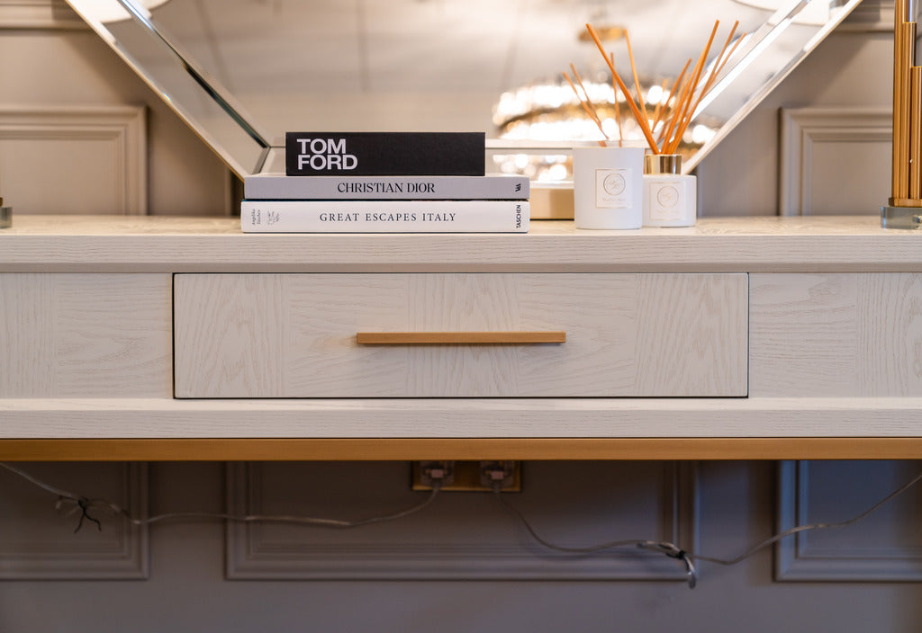 white console table, white and gold, gold handles, gold furniture, one drawer console